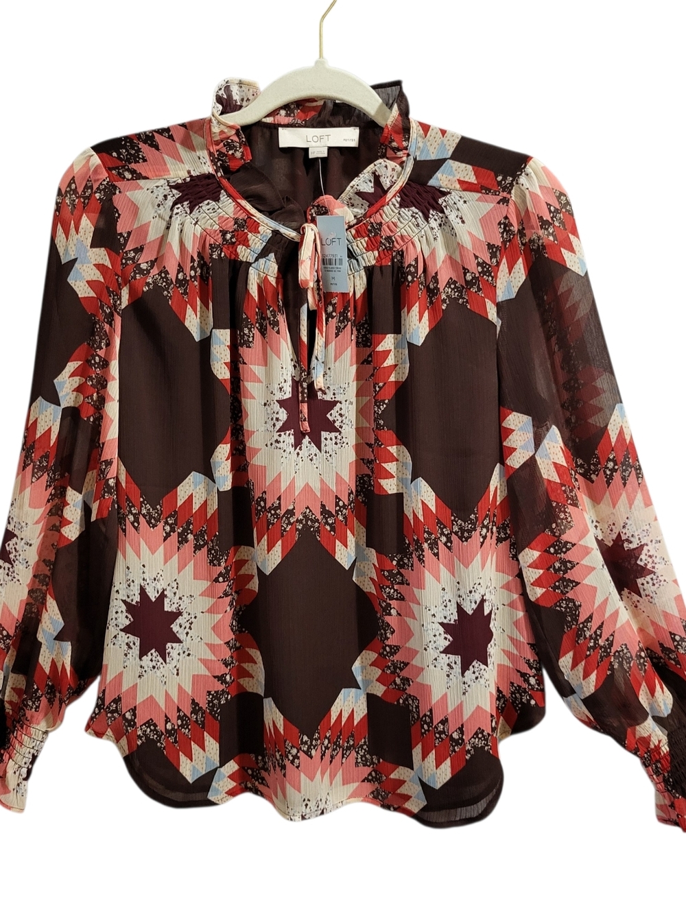 Loft Blouse Sz PM Ruffle Tie Neck Sheer Sleeve Quilt Patchwork Navajo Aztec NWT